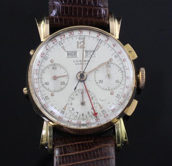 A gentlemans 1940s 18ct pink gold Lusina triple calendar chronograph manual wind wrist watch,